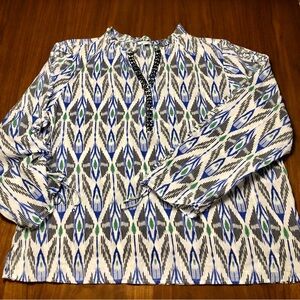 Chico’s Anniversary Itak Print Tunic with Beaded Neckline and Ruched Sleeves